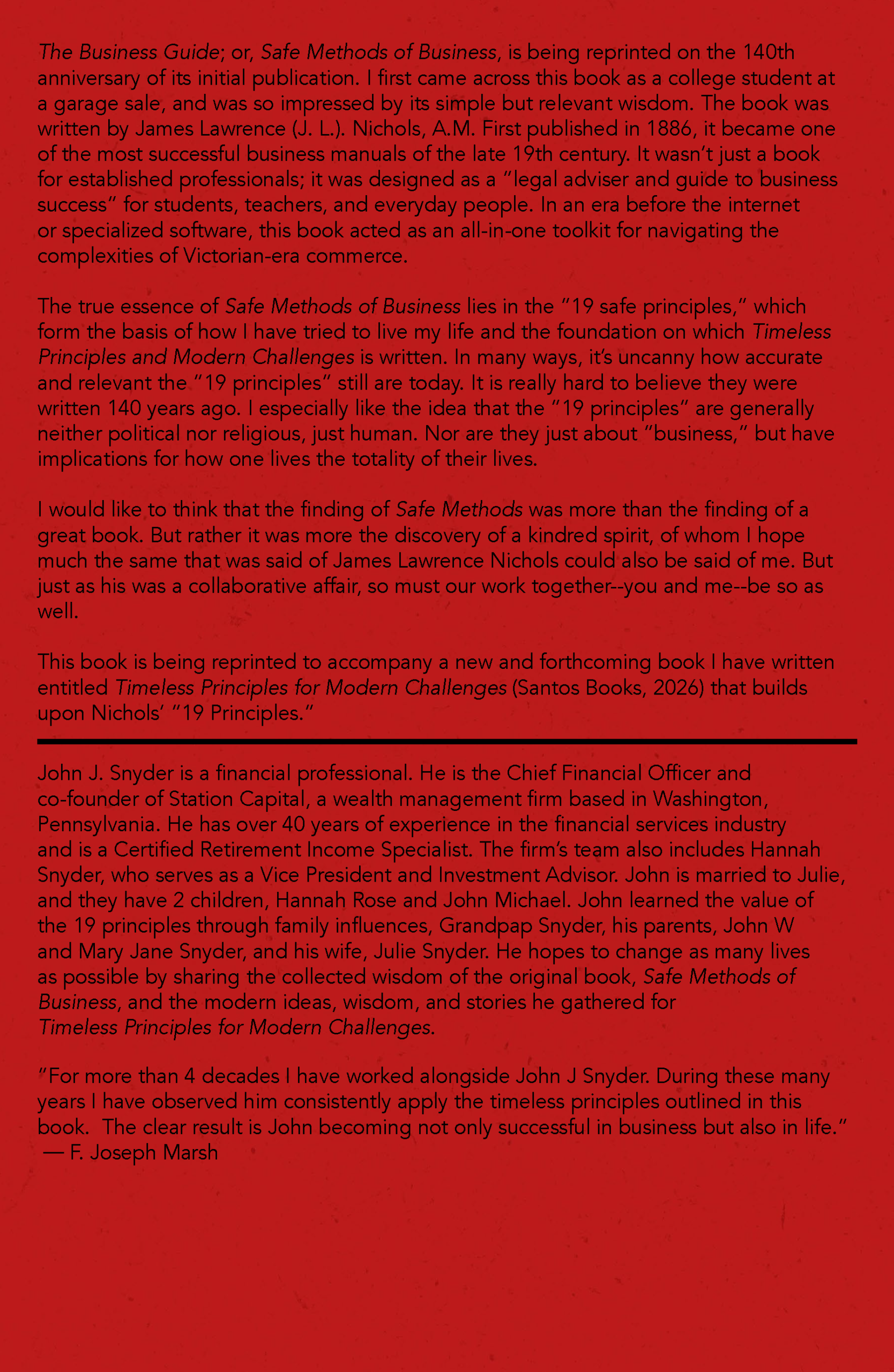 Back Cover of the "Safe Methods of Business" book.
