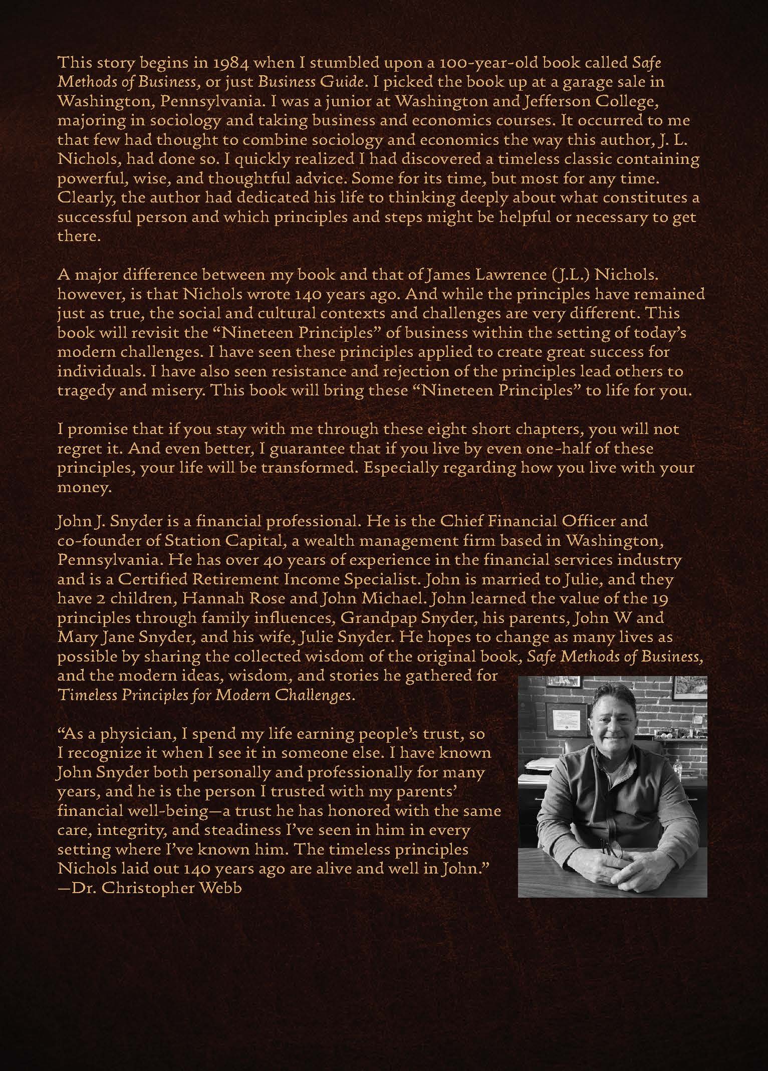 Back cover of the "Timeless Principles for Modern Challenges" book.
